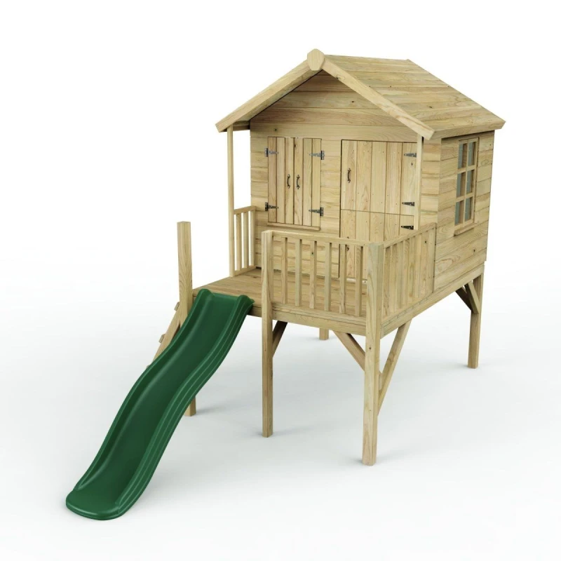 Image of Rebo 5ft x 5ft Wooden Garden Playhouse on Deck with 6ft Slide - Nightingale Green Natural