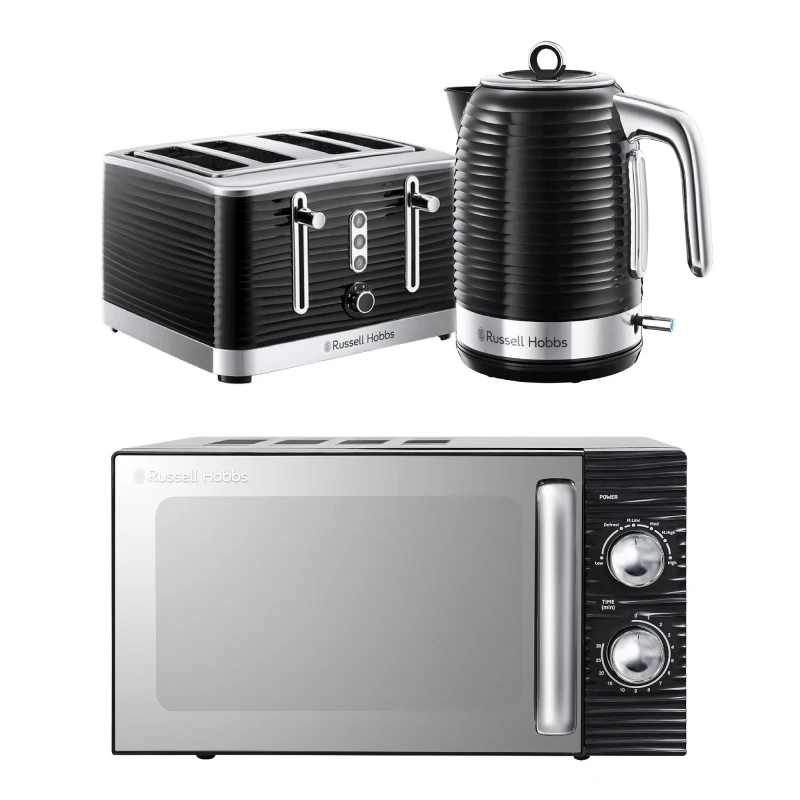 Image of Russell Hobbs Inspire Solo Microwave, Jug Kettle & 4-Slice Toaster Bundle - Black 5056233840550