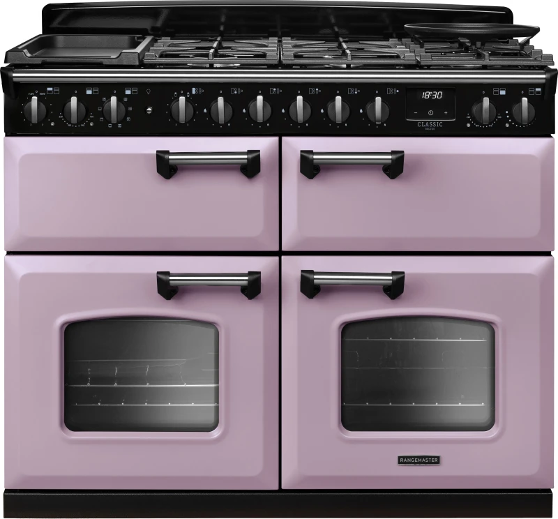 Image of Rangemaster Classic Deluxe CLDLB110DFPHTH/CM1 110cm wide Dual Fuel Range Cooker with Gas Hob - Heather / Chrome - A Rated