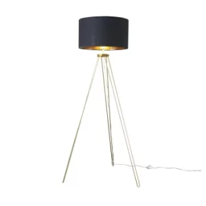 Image of Aero Hairpin Gold Tripod Floor Lamp with XL Black and Gold Reni Shade