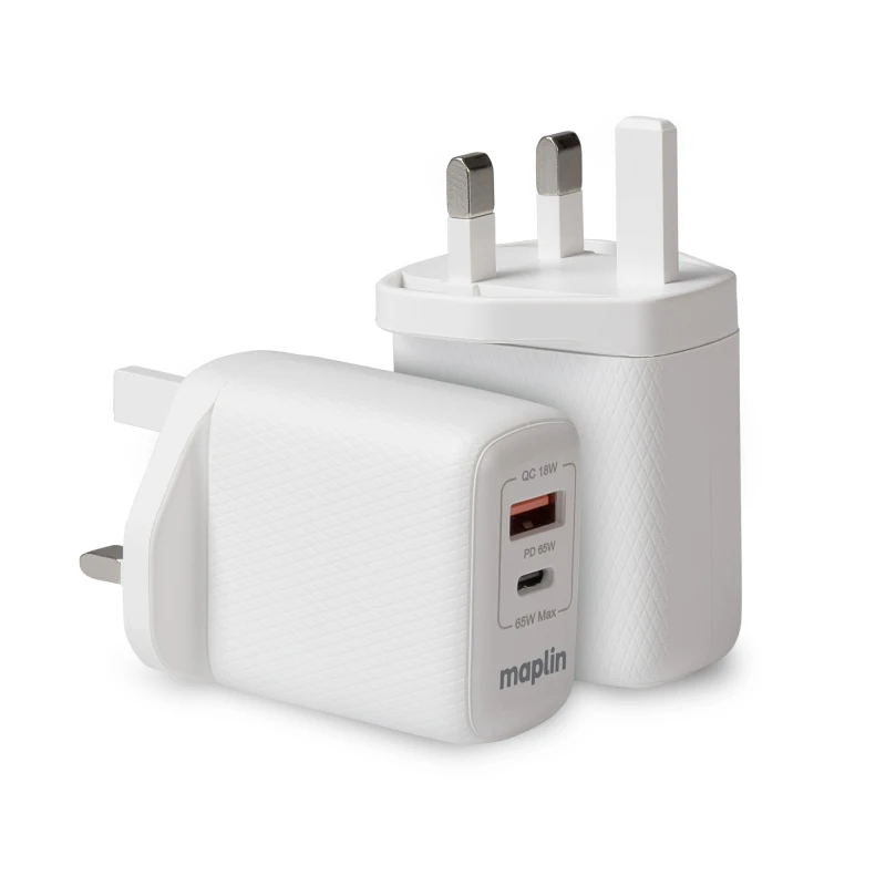 Image of Maplin 65W 2 Port USB Wall Charger 1x USB-A 1x USB-C GaN PD