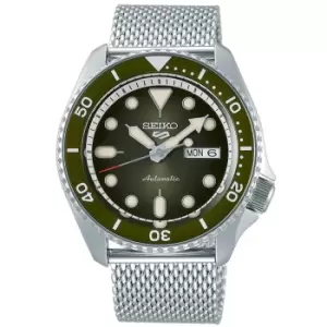 Image of Seiko 5 Sports Green Dial Silver Steel Mesh Bracelet Automatic Mens Watch SRPD75K1