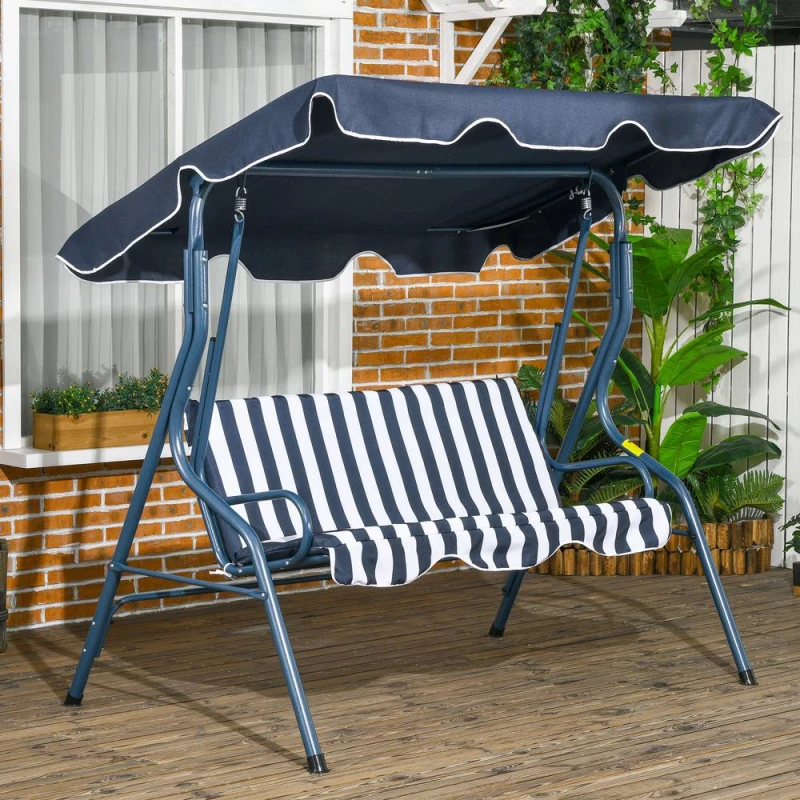 Image of Outsunny 3-person Garden Swing Chair - Blue Stripes 84A-118V01BU