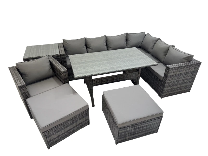 Image of Fimous 9 Seater Patio Dining Corner Sofa Sets with Chair 2 Stools Side Table in Dark Grey Dark Grey Unisex
