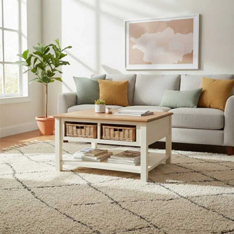 Image of Premier Housewares Interiors by Premier Natural and Cream Wood Coffee Table, Basket Drawer Chest Coffee Table, Contemporary Coffee Table with Storage