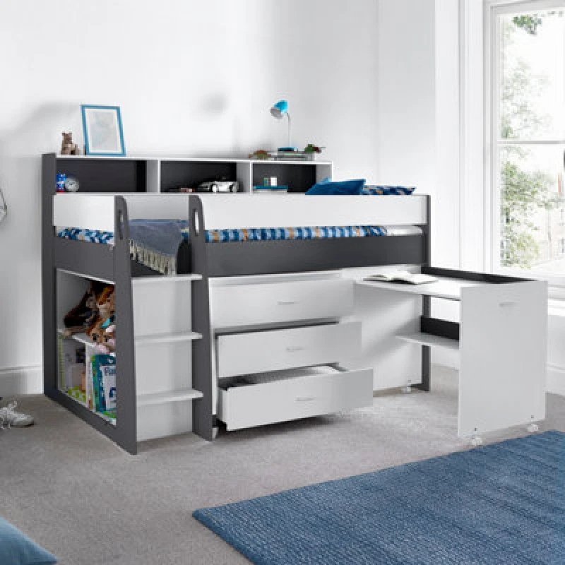 Image of Bedmaster Erin Grey And White Mid Sleeper Bed With Desk And Pocket Mattress