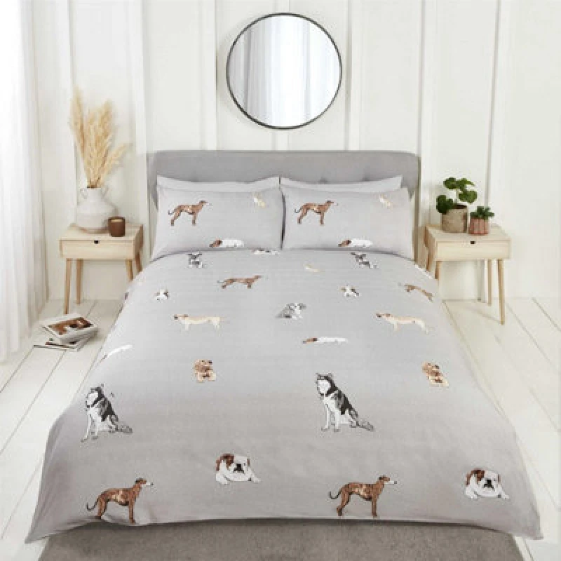 Image of Rapport Paws And Tails Reversible Duvet Cover Set Dogs And Stripes Bedding Grey