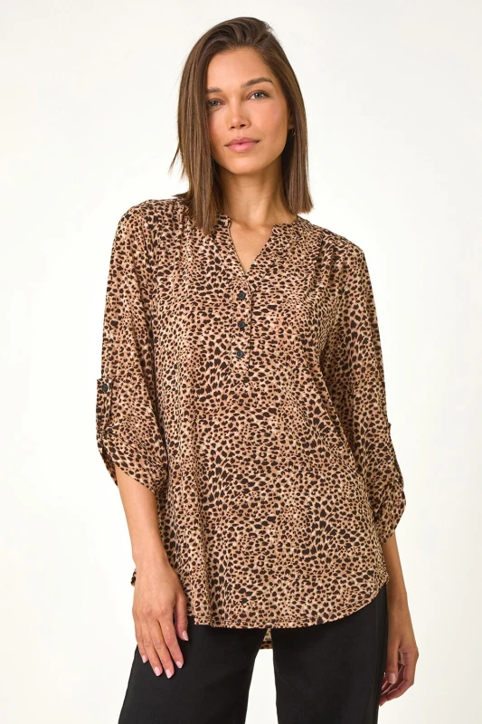 Image of Roman Animal Print Stretch Blouse Beige