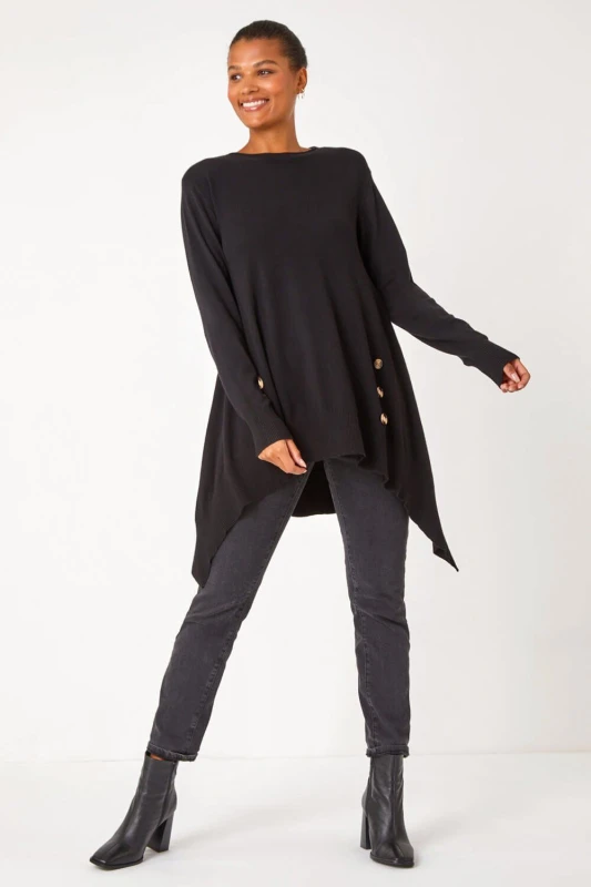 Image of Roman Buttoned Side Hanky Hem Jumper Black