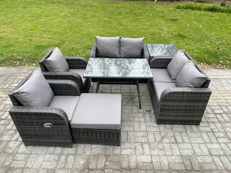 Image of Fimous Wicker PE Rattan Garden Dining Set Outdoor Furniture Sofa with Rectangular Dining Table Big Footstool Side Table Dark Grey