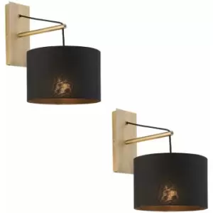 Image of 2 pack Matt Brass Wall Light & Black Cotton Fabric Shade - Hanging Wall Fitting