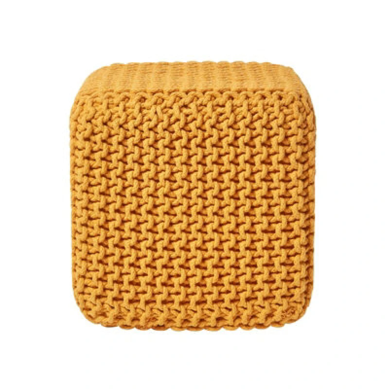 Image of Homescapes Cube Cotton Knitted Pouffe Footstool Mustard
