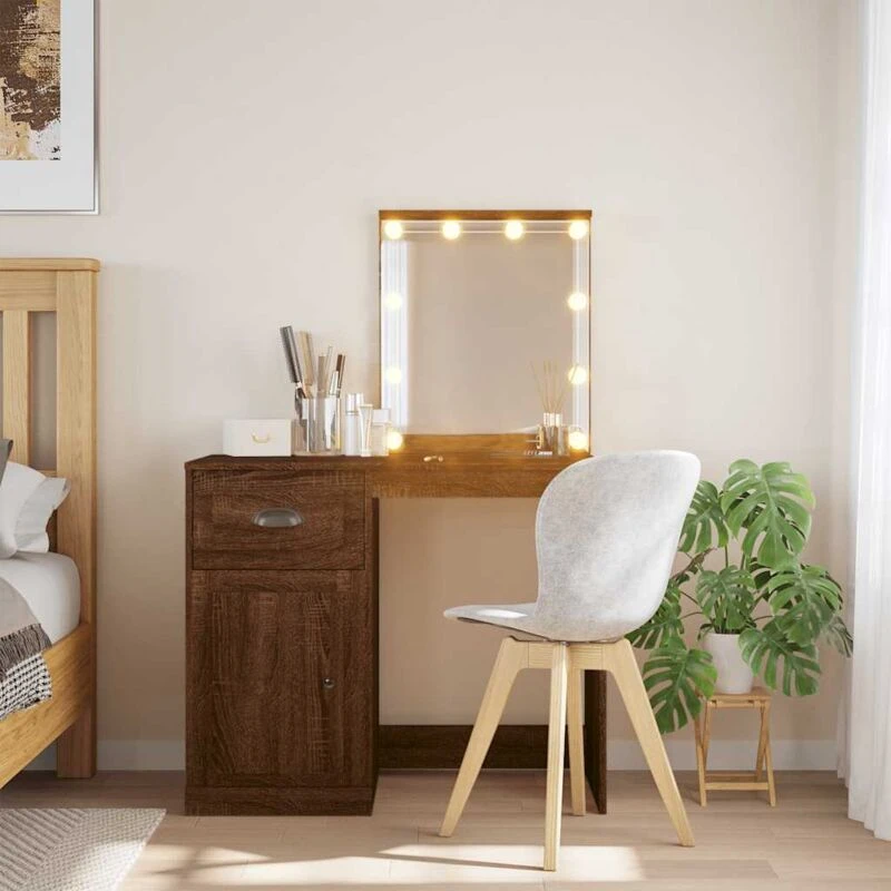 Image of vidaXL Dressing Table with LED Lights Brown Oak 90x42x132.5 cm, Grey 834977