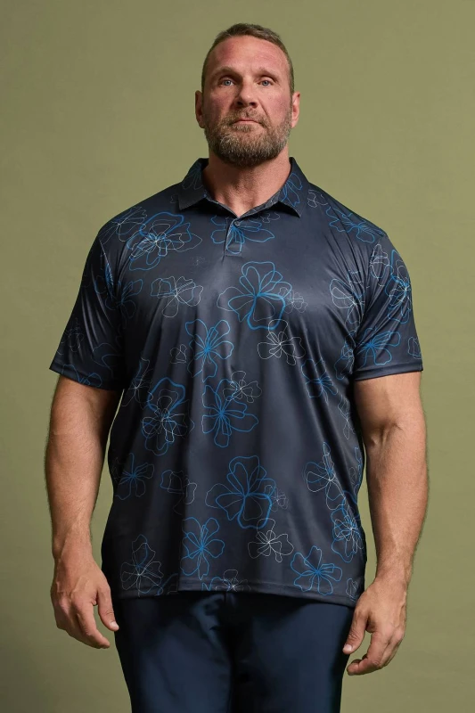 Image of BadRhino Mens Floral Print Polo Shirt in Blue Size: 1XL Blue Male 1XL