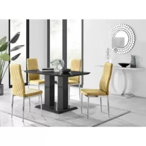 Image of Furniturebox UK - Furniturebox Imperia 4 High Gloss Black Modern Dining Table and 4 Mustard Milan Faux Leather Dining Chairs With Silver Legs Diamond