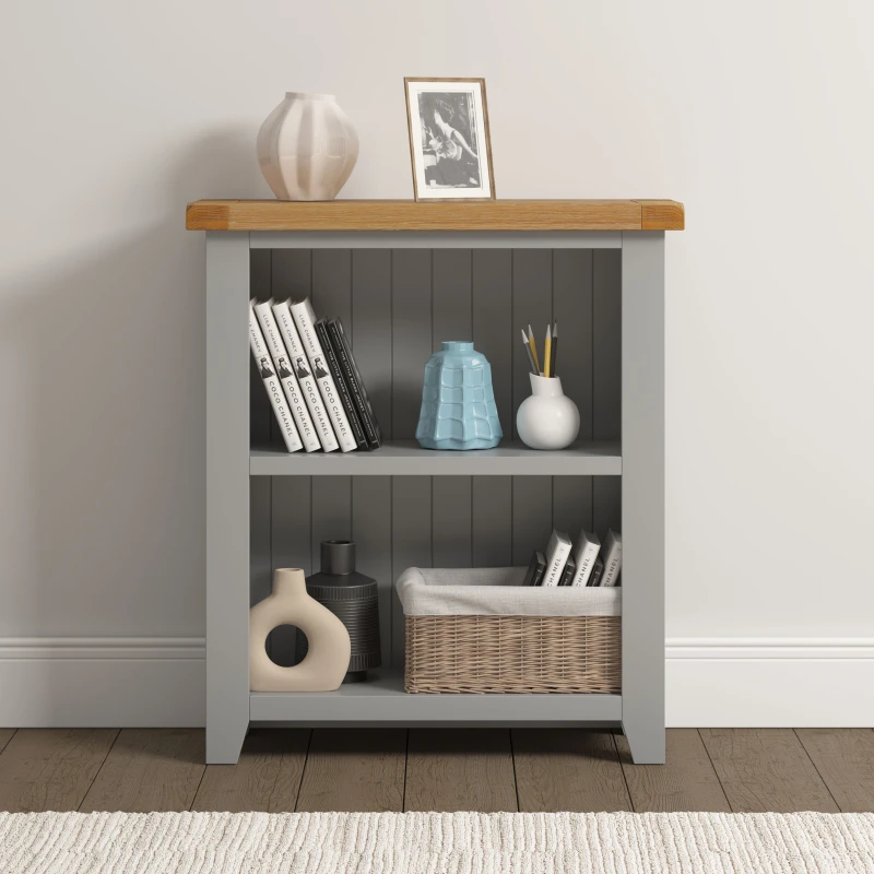 Image of Seconique Windsor Low Bookcase Pebble Grey With Oak Top Fully Assembled