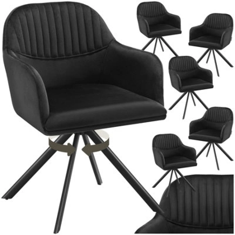 Image of Tectake Set Of 6 Lounge Armchair Living Room Accent Chair 360 Swivel Slim Steel Legs Velvet Fabric - Black/black