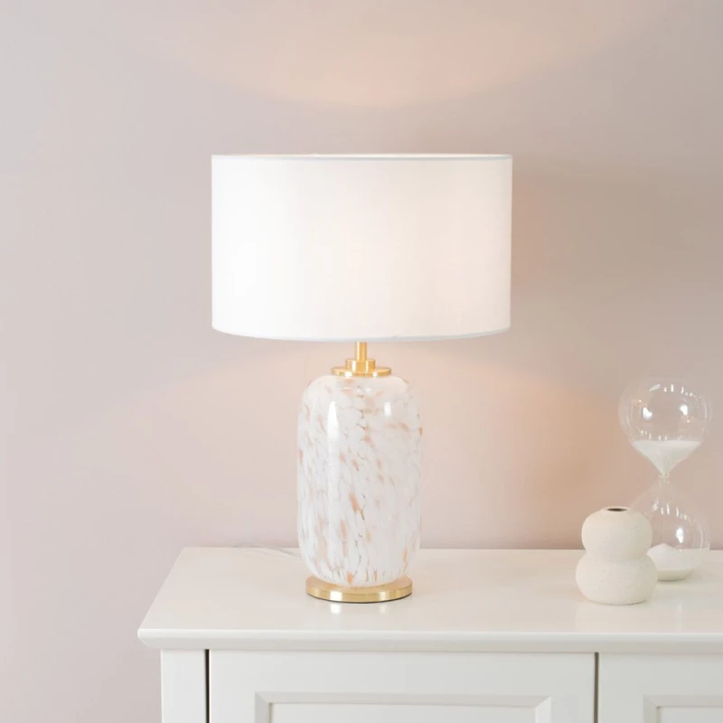 Image of ValueLights India Fabric Drum Shade on Rounded White Confetti Glass Table Lamp White