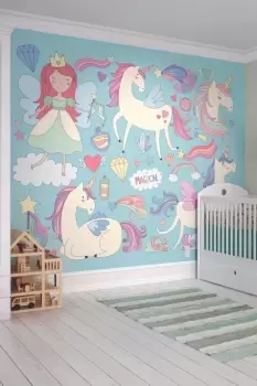 Image of Princess Unicorn Blue Matt Smooth Paste the Wall Mural 350cm wide x 280cm high