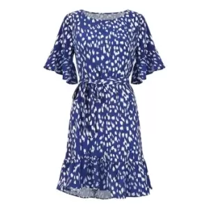 Image of Mela London Navy Dash Print Dress With Fluted Sleeve - Blue
