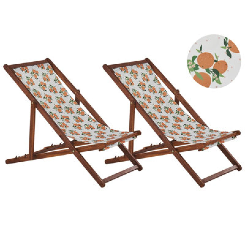 Image of BELIANI Set of 2 Folding Deck Chairs ANZIO with Replacement Fabrics Floral Motif Acacia Wood Dark Brown 311556