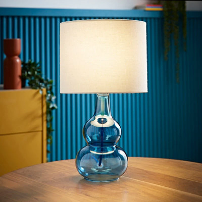Image of ValueLights ValueLights Aida Natural Linen Tall Shade Bright Bubble Glass Table Lamp and Bulb in Bright Blue Bright Blue One Size Unisex 5059406066221