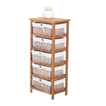 Image of HOMCOM 5 Drawer Dresser Wicker Basket Storage Shelf Unit Wooden Frame Home Organisation Cabinet Bedroom Office Furniture Natural Finish AOSOM UK