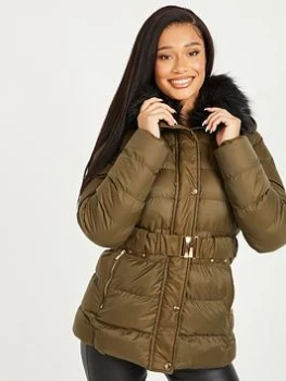 Image of Quiz Khaki Padded Faux Fur Collar Jacket - 6