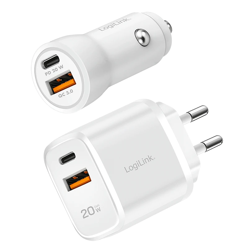 Image of LogiLink USB Charger Set. Car & AC. USB-C/F + USB-A/F. PD 20 W. wh