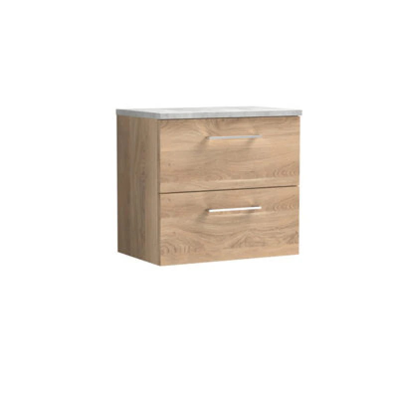 Image of Nuie Arno Wall Hung 2-Drawer Vanity & Bellato Grey Laminate Worktop, Stylish Counter Top Vanity Unit In Bleached Oak, 600mm
