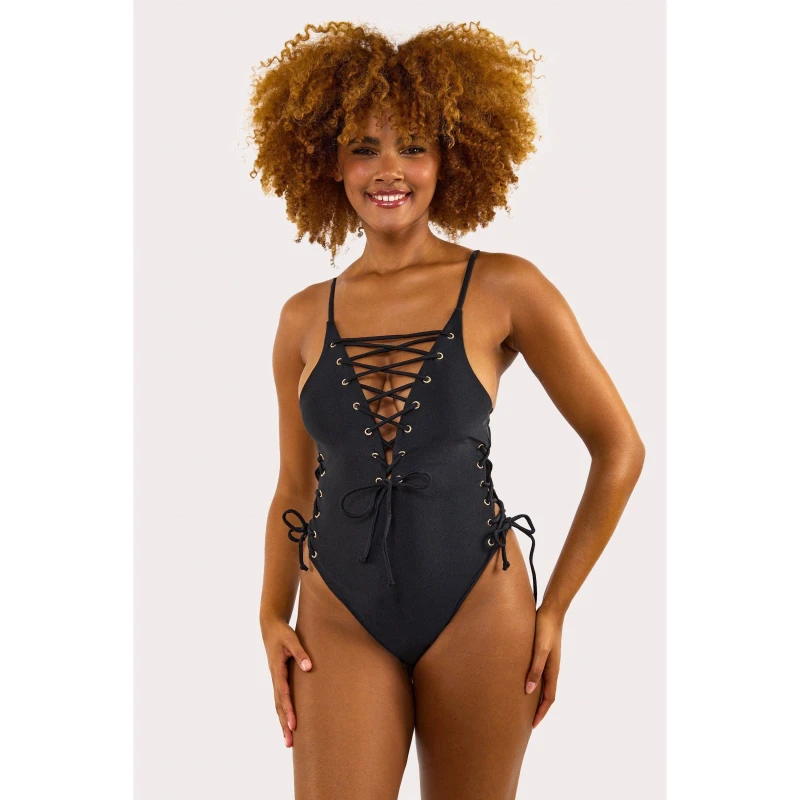 Image of Wolf and Whistle EdenFb Black Plunge Lace Up Swimsuit Black female 12E/F