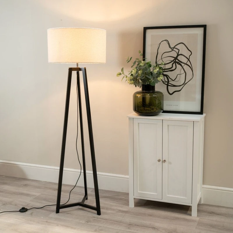 Image of ValueLights Lottie Black Wood Tripod Floor Lamp with Boucle Drum Shade Cream