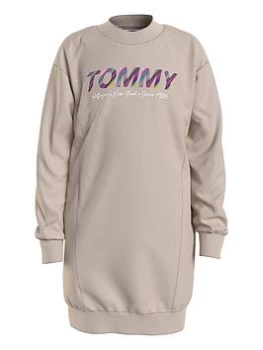 Image of Tommy Hilfiger Girls Multi Shine Print Sweat Dress - Stone, Size 8 Years, Women