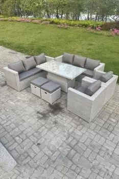 Image of Fimous 8 Seater Outdoor Light Grey Rattan Lounge Complete Sofa Set with Adjustable Table and 2 Stools