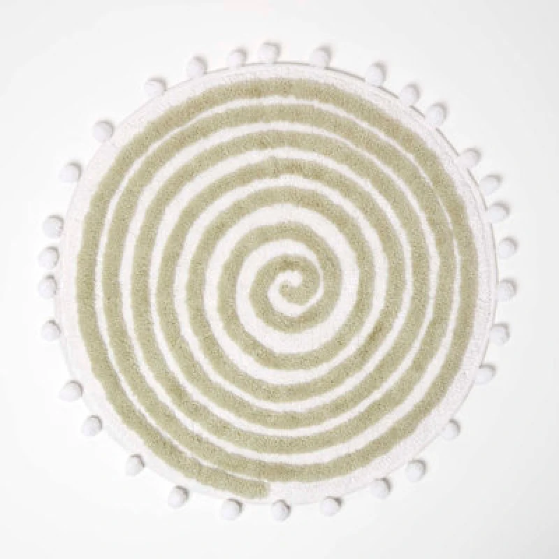 Image of Homescapes Spiral Sage Green Cotton Bath Mat With Pom Pom Edges