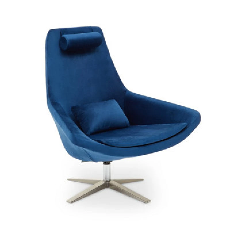 Image of Orsina Navy Curved Velvet Arm Chair With Lumbar Cushion And Headrest, Lounge Chair With Base For Home, Office