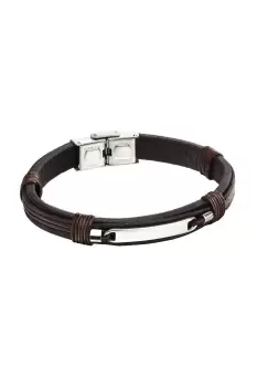 Image of Steel ID Bar Black Leather & Brown Cord Bracelet 23cm