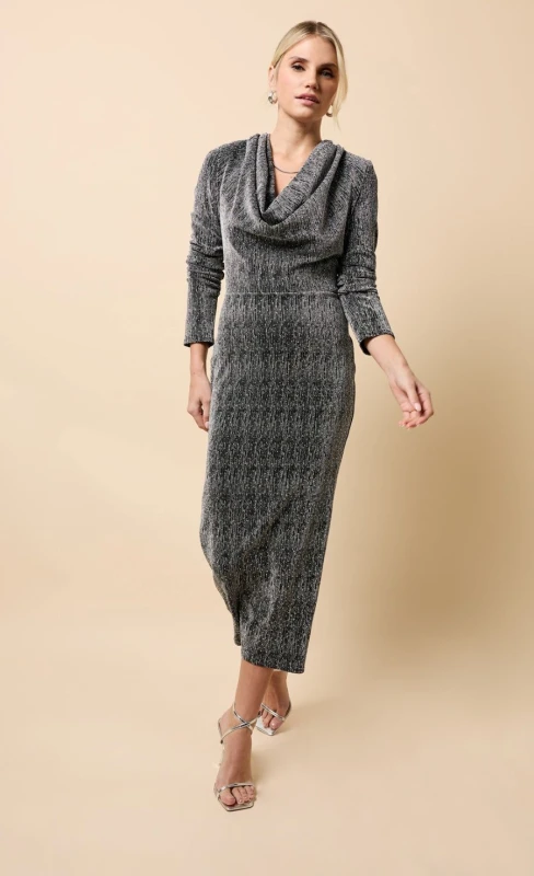 Image of Little Mistress Womens Black & Silver Cowl Neck Midaxi Dress Size: 10 Silver Female 10