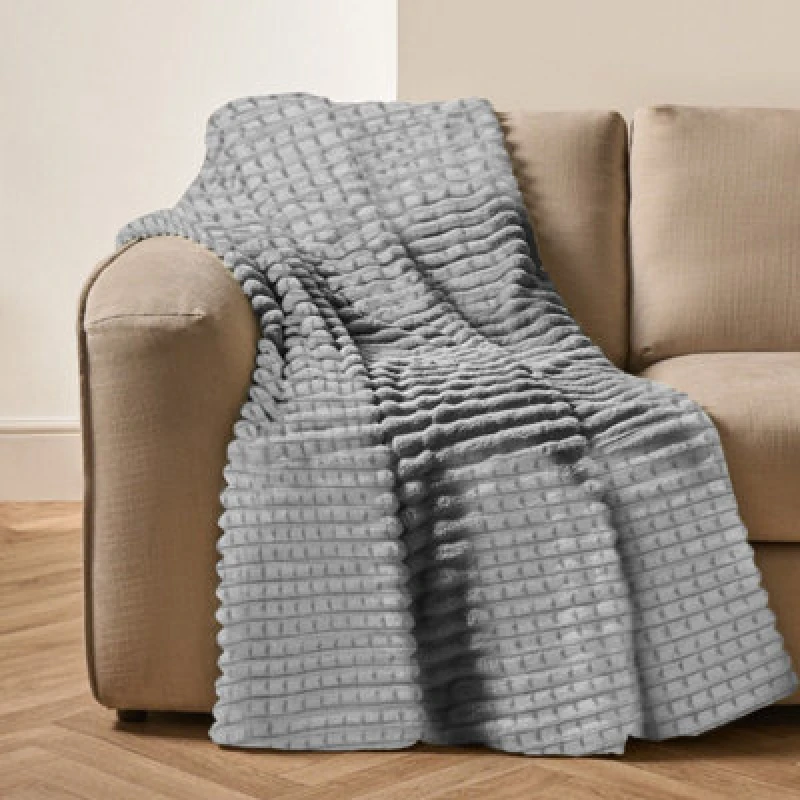 Image of Velosso Elegant Waffle Style Ribbed Thermal Plush Throw - Cosy Winter Embossed Fur Blanket For Sofa, Bed - 150Cm X 200Cm - Silver