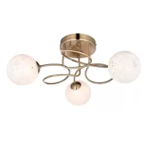 Image of Antique Brass Semi Flush Ceiling Light & Confetti Glass Shades - Multi Arm Lamp