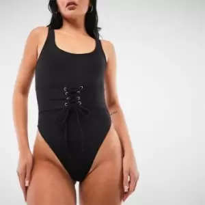 Image of Missguided Corset Waist Scoop Neck Swimsuit - Black