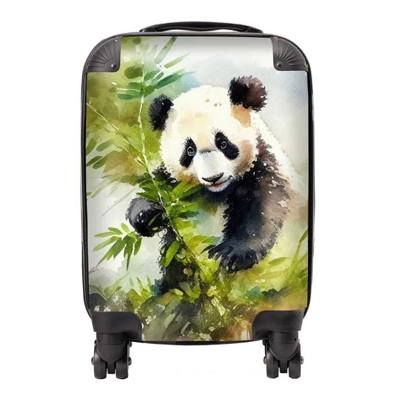Image of Warren Reed - Designer Panda Eating Bamboo Watercolour Suitcase in Brown Size: Small Brown Unisex Small