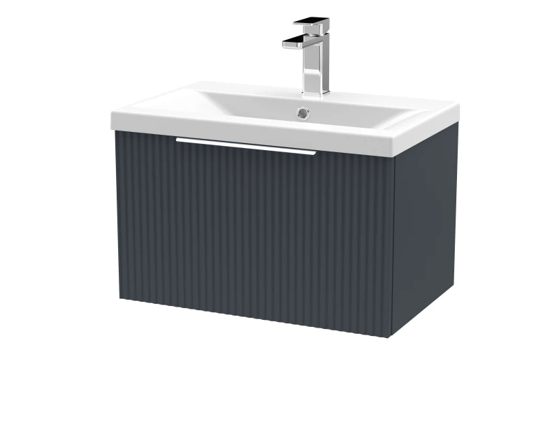 Image of Balterley Fluted Wall Hung 1 Drawer Vanity Basin Unit & Basin 600mm - Dark Grey Grey Unisex