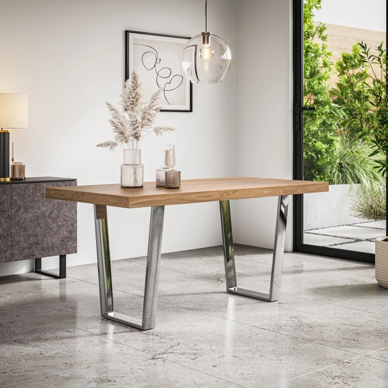 Image of More4Homes Aria 4-6 Seater Dining Table Modern Oak Effect Table Top W Chrome Legs