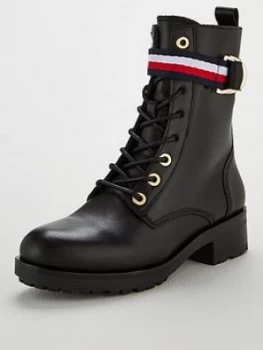 Image of Tommy Hilfiger Corporate Ribbon Biker Boots - Black, Size 8, Women