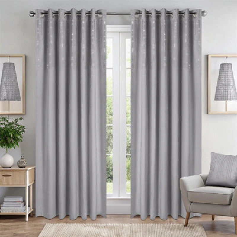 Image of Luxury Living Triple Woven Blackout Velvet Ring Top Curtains With Cascading Diamante Studs 117Cm X 137Cm Silver