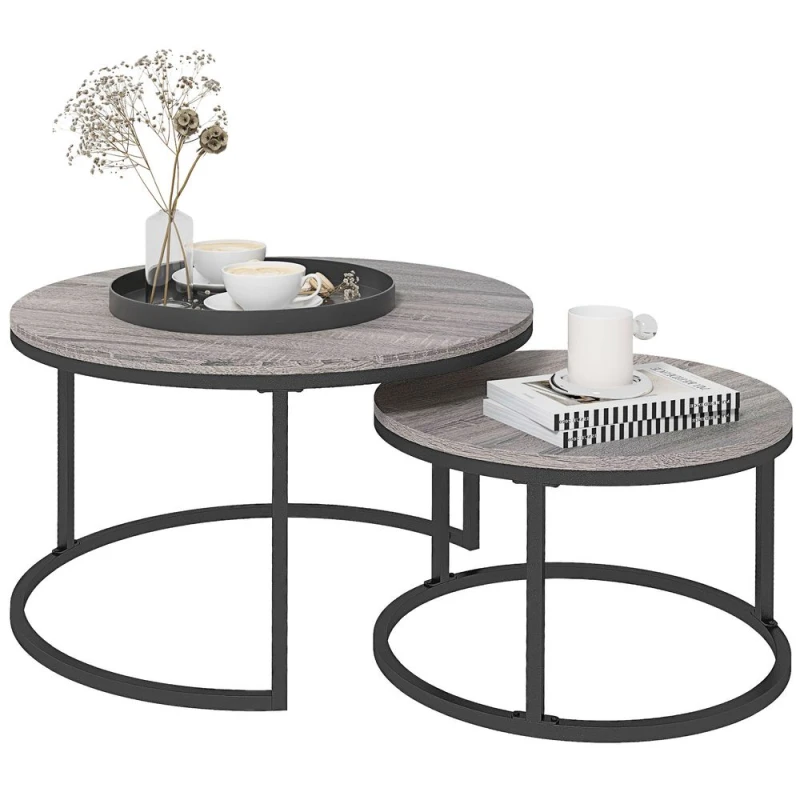 Image of HOMCOM 2 Pcs Stacking Coffee Table Set Steel Frame Wood Effect Top Foot Pads TJ Hughes 5056725511050