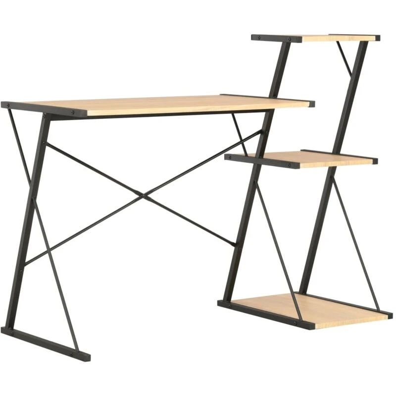Image of vidaXL Computer Desk with 3 Tier Bookcase X-Shape Legs Black and Oak PC Desk