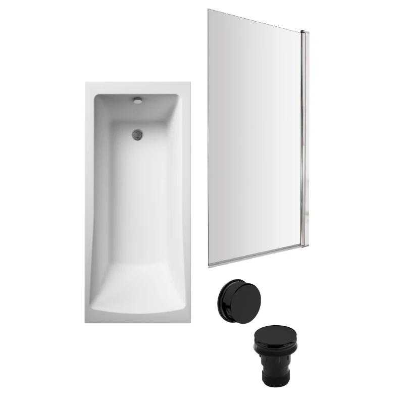 Image of Balterley Square Single Ended Bath Square Screen and Black Waste 1700 x 700mm Black