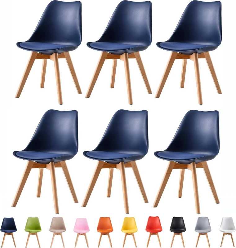 Image of MCC Direct Set of 6 Dining Chairs with Solid Wooden Legs & Seat Cushion Pads in Grey - Eva by MCC in Blue Blue Unisex
